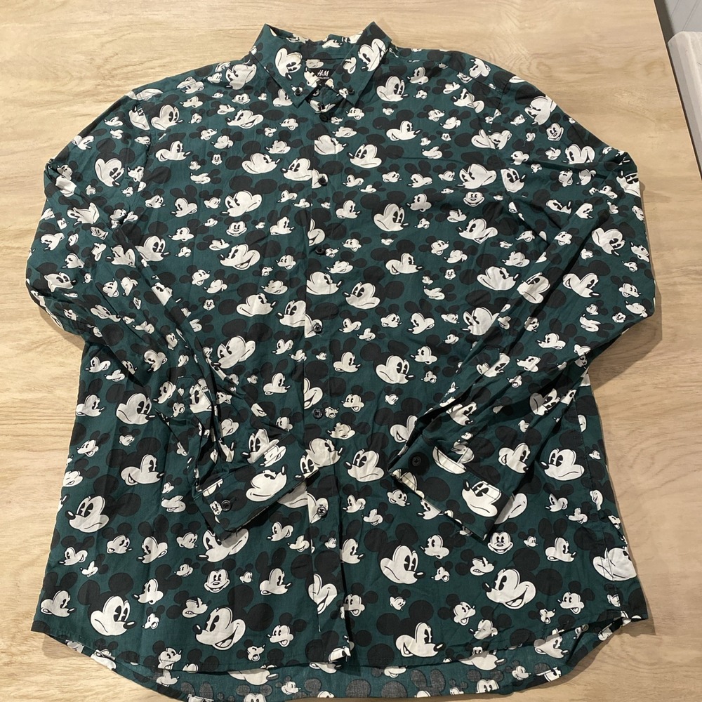 H&M Disney Men Shirt Vintage Mickey Mouse Green Long Sleeve Size Medium - Picture 1 of 5